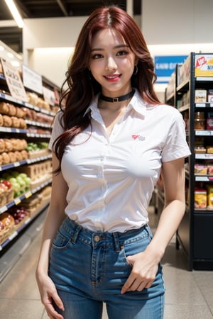 1girl, masterpiece, best quality, ultra-detailed, ultra high res, (photorealistic:1.4), raw photo, (realistic:0.2), 8k HDR, standing, food aisles, market, facing front, smiling, proportional eyes, cowboy_shot, 18+, perfect, (from front), looking_at_camera, front, huge_breasts, thick thighs, wavy_hair, ((red_hair)), bright red hair, choker, pink_lipstick, white_shirt, collared_shirt, blue_jeans, ITZY Yuna