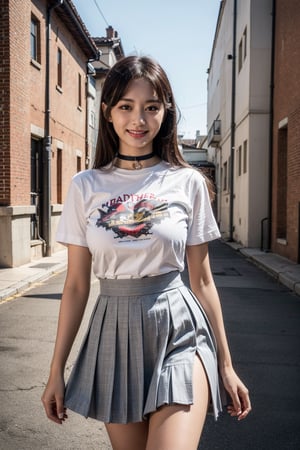 1girl, 8k, high_resolution, best quality, standing, facing front, smiling, proportional eyes, 18+, perfect, (from front), looking_at_viewer, front, masterpiece, huge_breasts, thick thighs, straight_hair, bangs, choker, outdoors, Tzuyu, t-shirt, pleated_skirt