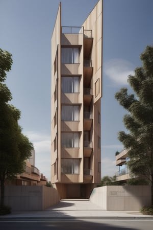 masterpiece, best quality,
alvaro siza, 
view from the street,
many slim vertical slit windows on the building,
architecture, massive volume ,kinds of trees inside and outside ,
2 stories main entrance beside the street,
