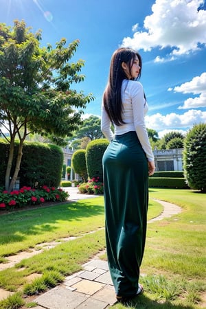 1girl, long hair, White hair, day, blue Sky, clouds,acmm ss outfit,Myanmar,viewed_from_behind,full_body,standing,big_boobies,garden
