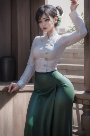 photorealistic, high resolution, masterpiece, best quality ,ultra-detailed, 1women, hair bun , jesmine flower on the head,  mature female, solo, hips up, (wearing acmmsayarma outfit, acmmsayarma white top with buttons, long sleeves), ((acmmsayarma green long skirt))