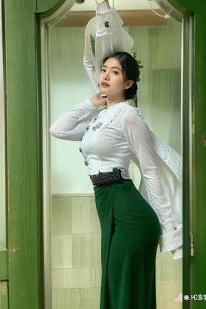 photorealistic, high resolution, masterpiece, best quality ,ultra-detailed, 1women, hair bun , jesmine flower on the head,  mature female, solo, hips up(back view), (wearing acmmsayarma outfit, acmmsayarma white top with buttons, long sleeves), ((acmmsayarma green long skirt))