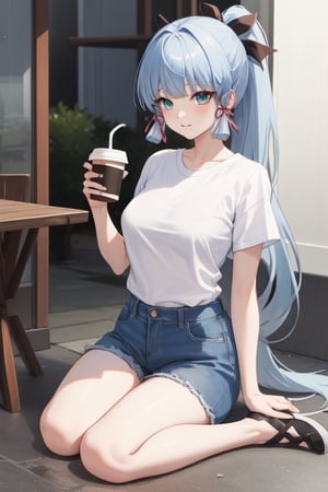 fullbody, kamisato_ayaka, blunt bangs in the front, long ponytail, drinking coffee, wearing a small green strap shirt, wearin a denim short, big female breast, hands with five fingers, rainy day