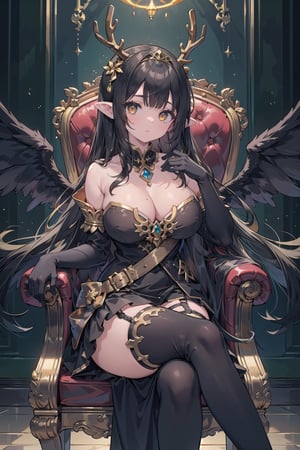 (masterpiece), best quality, high resolution, highly detailed, detailed background, perfect lighting, 1girl( black hair, gold colored inner hair, crossed bangs, long sideburns, absurdly long hair, golden eyes, pointy ears, white marble glowing skin, big breasts, black princess dress, black skirt, skirt tail, strapless, backless, black elbow gloves, black garter, black high-heel thigh boots, gold crown, dragon(gold giant antlers, black wings, black tail)), hold wine glass, sits on throne, cross legged, fantasy, castle, palace, indoors, glowing, nodf_lora