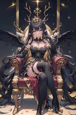 (masterpiece), best quality, high resolution, highly detailed, detailed background, perfect lighting, 1girl( black hair, gold colored inner hair, crossed bangs, long sideburns, absurdly long hair, ((golden eyes)), pointy ears, white marble glowing skin, big breasts, black princess dress, black skirt, skirt tail, strapless, backless, ((black elbow gloves)), (black garter), (black high-heel thigh boots), gold crown, dragon, (gold giant antlers, black wings, black tail)), sits on throne, cross legged, hold wine glass, fantasy, castle, palace, indoors, sky, starry sky, tree, water, glowing, nodf_lora