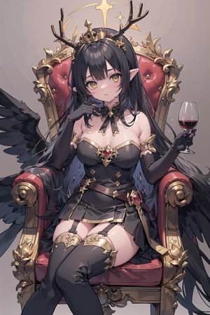 (masterpiece), best quality, high resolution, highly detailed, detailed background, perfect lighting, 1girl, black hair, gold colored inner hair, crossed bangs, long sideburns, absurdly long hair, ((golden eyes)), pointy ears, white marble glowing skin, big breasts, black princess dress, black skirt, skirt tail, strapless, backless, ((black elbow gloves)), (black garter), (black high-heel thigh boots), gold crown, dragon, (gold giant antlers, black wings, black tail), sits on throne, cross legged, hold wine glass, palace, nodf_lora, fantasy, glowing,