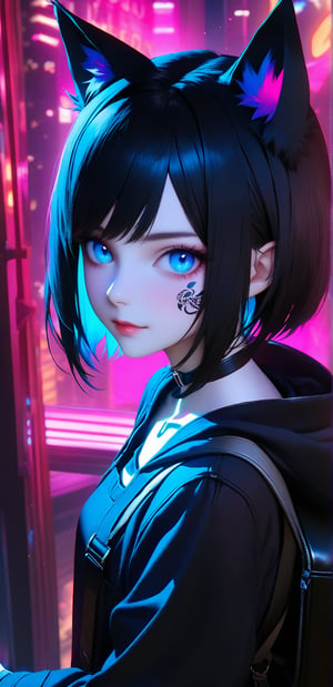 Here's a prompt for a masterpiece cyberpunk portrait:

A solo cat girl stands at the edge of a city rooftop, gazing directly at the viewer with piercing blue eyes and subtle bangs framing her pale skin. Her black hair cascades down her back, with two gleaming animal ears on top - one feline, one avian - adding to her mystique. She wears a sleek black jacket with an open hood, revealing a choker and short hair beneath. A backpack slung over her shoulder and a bag clutched in hand add to the sense of adventure. The cityscape stretches out behind her, with towering skyscrapers illuminated by a kaleidoscope of neon lights under a dark blue sky filled with swirling clouds. Her long sleeves are rolled up, revealing intricate tattoos on her arms. The overall aesthetic is absurdly beautiful, with photorealistic concept art-level detail and cinematic lighting that's simply insane.