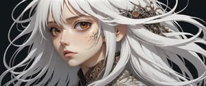 style of Tsutomu Nihei,
(incredibly absurdres, (high resolution:1.18), intricate detail, (masterpiece:1.1), (highest quality:1.1), absurdres) BREAK (1girl, solo, portrait, white hair, brown eyes, long hair, detailed eyes),