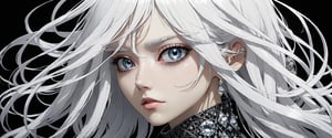 style of Tsutomu Nihei,
(incredibly absurdres, (high resolution:1.18), intricate detail, (masterpiece:1.1), (highest quality:1.1), absurdres) BREAK (1girl, solo, portrait, white hair, diamond eyes, long hair, detailed eyes),(black background)