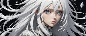 style of Tsutomu Nihei,
(incredibly absurdres, (high resolution:1.18), intricate detail, (masterpiece:1.1), (highest quality:1.1), absurdres) BREAK (1girl, solo, portrait, white hair, diamond eyes, long hair, detailed eyes),