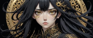 style of Tsutomu Nihei,
(incredibly absurdres, (high resolution:1.18), intricate detail, (masterpiece:1.1), (highest quality:1.1), absurdres) 
BREAK 
(1girl, solo, portrait, black hair, gold eyes, long hair, detailed eyes), (black background)