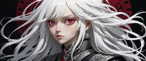 style of Tsutomu Nihei,
(incredibly absurdres, (high resolution:1.18), intricate detail, (masterpiece:1.1), (highest quality:1.1), absurdres) BREAK (1girl, solo, portrait, white hair, ruby eyes, long hair, detailed eyes), black background