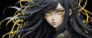 style of Tsutomu Nihei,
(incredibly absurdres, (high resolution:1.18), intricate detail, (masterpiece:1.1), (highest quality:1.1), absurdres) BREAK (1girl, solo, portrait, black obsidian hair, yellow crystal eyes, long hair, detailed eyes), (black background)