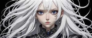 style of Tsutomu Nihei,
(incredibly absurdres, (high resolution:1.18), intricate detail, (masterpiece:1.1), (highest quality:1.1), absurdres) BREAK (1girl, solo, portrait, white hair, black sapphire eyes, long hair, detailed eyes), black background