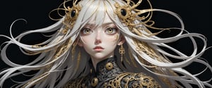 style of Tsutomu Nihei,
(incredibly absurdres, (high resolution:1.18), intricate detail, (masterpiece:1.1), (highest quality:1.1), absurdres) BREAK (1girl, solo, portrait, gold hair, silver eyes, long hair, detailed eyes), (black background)