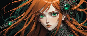 style of Tsutomu Nihei,
(incredibly absurdres, (high resolution:1.18), intricate detail, (masterpiece:1.1), (highest quality:1.1), absurdres) BREAK (1girl, solo, portrait, dark orange hair, emerald eyes, long hair, detailed eyes), (black background)