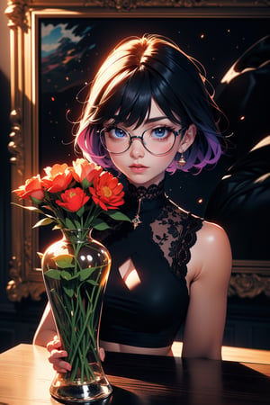 Beautiful 18 year old woman, (cosmic eyes), (strong physique), small breasts, purple hair, short_hair, (black glasses), vivid color bangs, hair between eyes, sad face. sexy look, vase of flowers, dutch masters, landscape painting in background, rembrant lighting, (extremely detailed CG unity 8k wallpaper), (((masterpiece))), (((best quality))), ((ultra-detailed)), (best illustration), (best shadow), ((an extremely delicate and beautiful)), ((full-body_portrait))