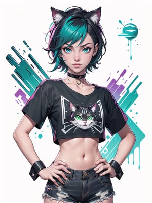 cat girl, cat ears, cyberpunk, short green hair, cosmic eyes, small breasts, crop top t-shirt, hand on hip, choker collar, wrist cuffs, realistic, solo, close up, graffiti, modern, design, white background, abstract, colorful, Grt2c