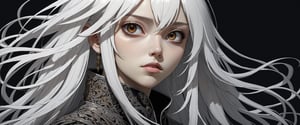 style of Tsutomu Nihei,
(incredibly absurdres, (high resolution:1.18), intricate detail, (masterpiece:1.1), (highest quality:1.1), absurdres) BREAK (1girl, solo, portrait, white hair, dark brown eyes, long hair, detailed eyes), black background