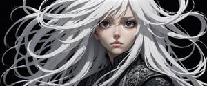 style of Tsutomu Nihei,
(incredibly absurdres, (high resolution:1.18), intricate detail, (masterpiece:1.1), (highest quality:1.1), absurdres) BREAK (1girl, solo, portrait, white hair, obsidian eyes, long hair, detailed eyes), black background