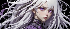 style of Tsutomu Nihei,
(incredibly absurdres, (high resolution:1.18), intricate detail, (masterpiece:1.1), (highest quality:1.1), absurdres) BREAK (1girl, solo, portrait, white hair, violet eyes, long hair, detailed eyes), black background