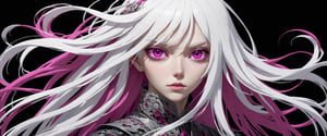 style of Tsutomu Nihei,
(incredibly absurdres, (high resolution:1.18), intricate detail, (masterpiece:1.1), (highest quality:1.1), absurdres) BREAK (1girl, solo, portrait, white hair, magenta eyes, long hair, detailed eyes), black background