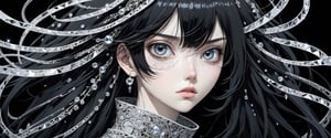 style of Tsutomu Nihei,
(incredibly absurdres, (high resolution:1.18), intricate detail, (masterpiece:1.1), (highest quality:1.1), absurdres) BREAK (1girl, solo, portrait, black hair, white crystal eyes, long hair, detailed eyes), black background