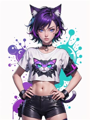 cat girl, cat ears, cyberpunk, short purple hair, cosmic eyes, small breasts, crop top t-shirt, hand on hip, choker collar, wrist cuffs, realistic, solo, close up, graffiti, modern, design, white background, abstract, colorful, Grt2c