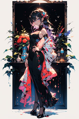 Beautiful 18 year old woman, (cosmic eyes), (strong physique), small breasts, purple hair, long hair, (black glasses), vivid color bangs, hair between eyes, facing front, hand on hip, seductive face, sexy look, long dress, vase of flowers, dutch masters, landscape painting in background, rembrant lighting, (extremely detailed CG unity 8k wallpaper), (((masterpiece))), (((best quality))), ((ultra-detailed)), (best illustration), (best shadow), ((an extremely delicate and beautiful)), ((full-body_portrait))