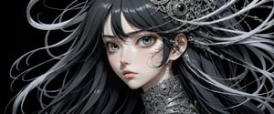 style of Tsutomu Nihei,
(incredibly absurdres, (high resolution:1.18), intricate detail, (masterpiece:1.1), (highest quality:1.1), absurdres) 
BREAK 
(1girl, solo, portrait, black hair, silver eyes, long hair, detailed eyes), (black background)