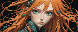 style of Tsutomu Nihei,
(incredibly absurdres, (high resolution:1.18), intricate detail, (masterpiece:1.1), (highest quality:1.1), absurdres) BREAK (1girl, solo, portrait, orange hair, teal eyes, long hair, detailed eyes), (black background)