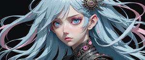 style of Tsutomu Nihei,
(incredibly absurdres, (high resolution:1.18), intricate detail, (masterpiece:1.1), (highest quality:1.1), absurdres) BREAK (1girl, solo, portrait, light blue hair, pink eyes, long hair, detailed eyes), (black background)