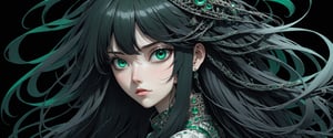 style of Tsutomu Nihei,
(incredibly absurdres, (high resolution:1.18), intricate detail, (masterpiece:1.1), (highest quality:1.1), absurdres) 
BREAK 
(1girl, solo, portrait, black hair, emerald eyes, long hair, detailed eyes), black background