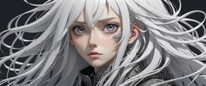 style of Tsutomu Nihei,
(incredibly absurdres, (high resolution:1.18), intricate detail, (masterpiece:1.1), (highest quality:1.1), absurdres) BREAK (1girl, solo, portrait, white hair, grey eyes, long hair, detailed eyes),