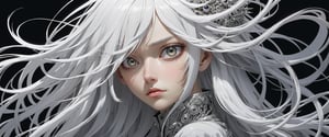 style of Tsutomu Nihei,
(incredibly absurdres, (high resolution:1.18), intricate detail, (masterpiece:1.1), (highest quality:1.1), absurdres) BREAK (1girl, solo, portrait, white hair, silver eyes, long hair, detailed eyes),