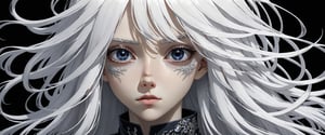 style of Tsutomu Nihei,
(incredibly absurdres, (high resolution:1.18), intricate detail, (masterpiece:1.1), (highest quality:1.1), absurdres) BREAK (1girl, solo, portrait, white hair, black sapphire eyes, long hair, detailed eyes), (black background)