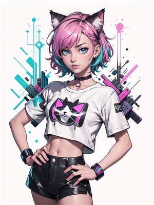 cat girl, cat ears, cyberpunk, short pink hair, cosmic eyes, small breasts, crop top t-shirt, hand on hip, choker collar, wrist cuffs, realistic, solo, close up, graffiti, modern, design, white background, abstract, colorful, Grt2c