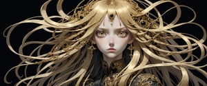 style of Tsutomu Nihei,
(incredibly absurdres, (high resolution:1.18), intricate detail, (masterpiece:1.1), (highest quality:1.1), absurdres) BREAK (1girl, solo, portrait, gold hair, onyx eyes, long hair, detailed eyes), (black background)