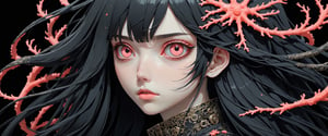 style of Tsutomu Nihei,
(incredibly absurdres, (high resolution:1.18), intricate detail, (masterpiece:1.1), (highest quality:1.1), absurdres) BREAK (1girl, solo, portrait, black hair, coral eyes, long hair, detailed eyes), (black background)