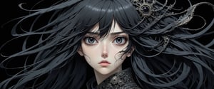 style of Tsutomu Nihei,
(incredibly absurdres, (high resolution:1.18), intricate detail, (masterpiece:1.1), (highest quality:1.1), absurdres) BREAK (1girl, solo, portrait, black hair, obsidian eyes, long hair, detailed eyes), black background