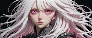 style of Tsutomu Nihei,
(incredibly absurdres, (high resolution:1.18), intricate detail, (masterpiece:1.1), (highest quality:1.1), absurdres) BREAK (1girl, solo, portrait, white hair, pink eyes, long hair, detailed eyes), black background