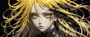 style of Tsutomu Nihei,
(incredibly absurdres, (high resolution:1.18), intricate detail, (masterpiece:1.1), (highest quality:1.1), absurdres) BREAK (1girl, solo, portrait, yellow crystal hair, ((black obsidian eyes)), long hair, detailed eyes), (black background)