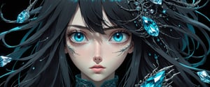 style of Tsutomu Nihei,
(incredibly absurdres, (high resolution:1.18), intricate detail, (masterpiece:1.1), (highest quality:1.1), absurdres) BREAK (1girl, solo, portrait, black hair, cyan crystal eyes, long hair, detailed eyes), (black background)