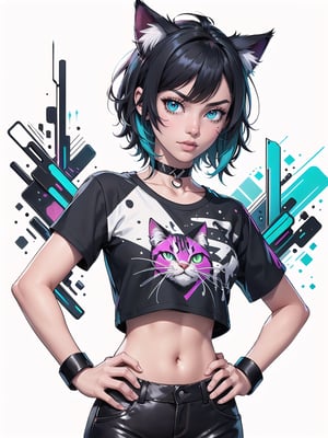 cat girl, cat ears, cyberpunk, short black hair, cosmic eyes, small breasts, crop top t-shirt, hand on hip, choker collar, wrist cuffs, realistic, solo, close up, graffiti, modern, design, white background, abstract, colorful, Grt2c