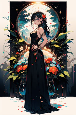 Beautiful 18 year old woman, (cosmic eyes), (strong physique), small breasts, blue hair, long hair, (black glasses), vivid color bangs, hair between eyes, facing front, hand on hip, seductive face, sexy look, long dress, vase of flowers, dutch masters, landscape painting in background, rembrant lighting, (extremely detailed CG unity 8k wallpaper), (((masterpiece))), (((best quality))), ((ultra-detailed)), (best illustration), (best shadow), ((an extremely delicate and beautiful)), ((full-body_portrait))