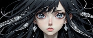 style of Tsutomu Nihei,
(incredibly absurdres, (high resolution:1.18), intricate detail, (masterpiece:1.1), (highest quality:1.1), absurdres) 
BREAK 
(1girl, solo, portrait, black hair, diamond eyes, long hair, detailed eyes), (black background)