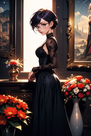 Beautiful 18 year old woman, (cosmic eyes), (strong physique), small breasts, purple hair, short_hair, (black glasses), vivid color bangs, hair between eyes, seductive face. sexy look, vase of flowers, dutch masters, landscape painting in background, rembrant lighting, (extremely detailed CG unity 8k wallpaper), (((masterpiece))), (((best quality))), ((ultra-detailed)), (best illustration), (best shadow), ((an extremely delicate and beautiful)), ((full-body_portrait))