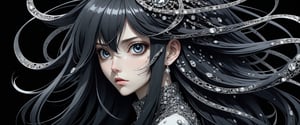 style of Tsutomu Nihei,
(incredibly absurdres, (high resolution:1.18), intricate detail, (masterpiece:1.1), (highest quality:1.1), absurdres) BREAK (1girl, solo, portrait, diamond hair, obsidian eyes, long hair, detailed eyes), (black background)