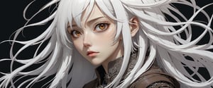 style of Tsutomu Nihei,
(incredibly absurdres, (high resolution:1.18), intricate detail, (masterpiece:1.1), (highest quality:1.1), absurdres) BREAK (1girl, solo, portrait, white hair, brown eyes, long hair, detailed eyes),