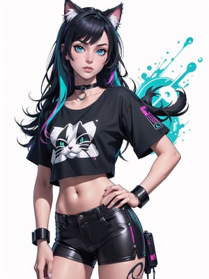 cat girl, cat ears, cyberpunk, long black hair, cosmic eyes, small breasts, crop top t-shirt, hand on hip, choker collar, wrist cuffs, realistic, solo, close up, graffiti, modern, design, white background, abstract, colorful, Grt2c